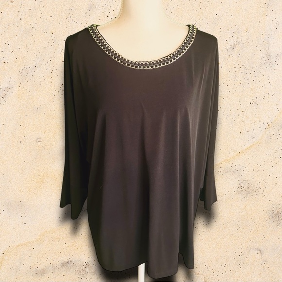 Calvin Klein Women’s Plus Size Black Dolman Sleeve Blouse With Gold Chain Neck - Picture 4 of 12